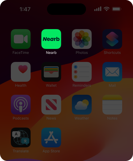 Iphone screen with Nearb app